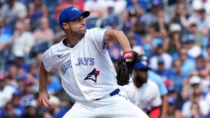 Toronto Blue Jays pitcher Max Scherzer (31) pitches his career 3000th inning against the Boston Red Sox during first inning American League MLB baseball action in Toronto on Thursday, August 13, 2026. (Nathan Denette/CP)
