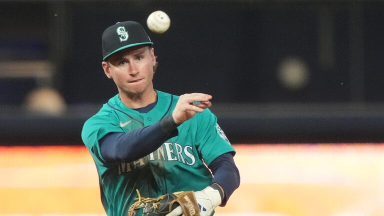 Seattle Mariners short stop Colt Emerson throws to first base for an out during the second inning of a baseball game against the Miami Marlins Tuesday, July 7, 2026, in Miami. (Marta Lavandier/AP)