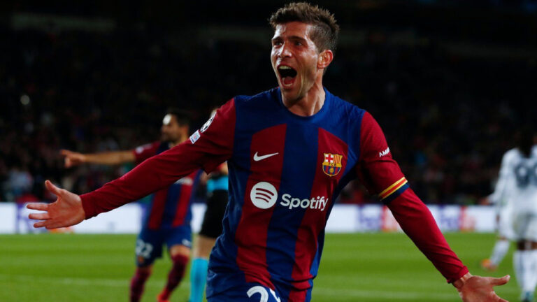 Barcelona's Sergi Roberto celebrates at the Olympic Stadium in Barcelona, Spain, March 12, 2024. (Joan Monfort/AP)