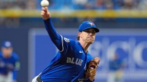 Toronto Blue Jays pitcher Shane Bieber delivers to the Tampa Bay Rays during the first inning of a baseball game Thursday, Aug. 20, 2026, in St. Petersburg, Fla. (AP Photo/Chris O'Meara)