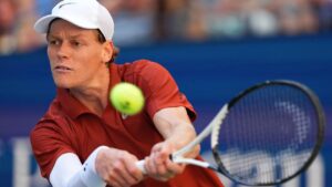 Jannik Sinner, of Italy, returns a shot against Denis Shapovalov, of Canada, during the third round of the U.S. Open tennis championships, Saturday, Aug. 30, 2025, in New York. (Kirsty Wigglesworth/AP)