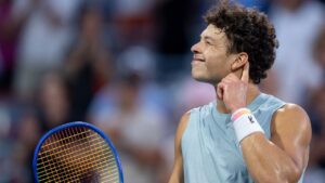 Ben Shelton of the United States encourages the fans to cheer following his win over Joao Fonseca of Brazil during Round of 16 tennis action at the National Bank Open in Montreal on Sunday, Aug. 9, 2026. (Christinne Muschi/CP)