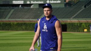 Los Angeles Dodgers new pitcher Tarik Skubal walks to the dugout after warming up before a baseball game against the Chicago Cubs Monday, Aug. 3, 2026, in Chicago. (David Banks/AP)