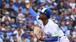 Toronto Blue Jays starting pitcher Jose Soriano (40) throws to a Seattle Mariners batter during first inning MLB baseball action in Toronto on Saturday, Aug. 29, 2026. (Jon Blacker/CP)