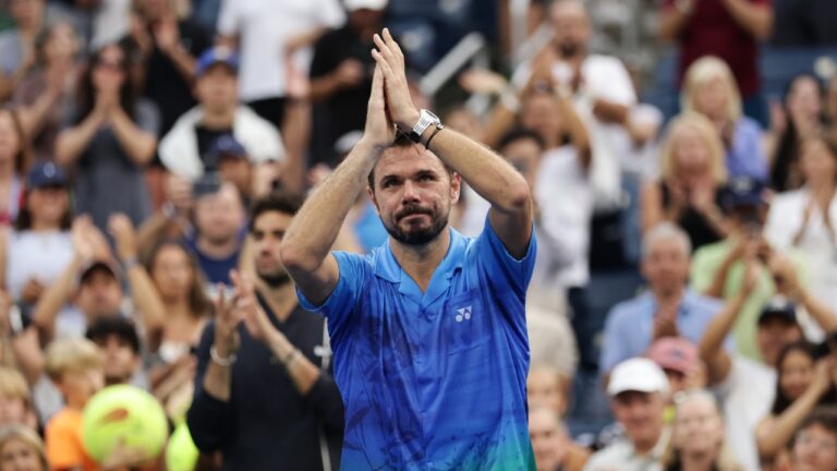 Stan Wawrinka, of Switzerland, gestures to the crowd after he lost to Matteo Berrettini, of Italy, during the first round of the U.S. Open tennis championships Monday, Aug. 31, 2026, in New York. (Adam Hunger/AP)
