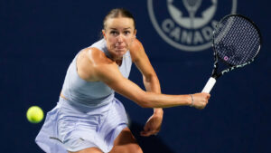 Ukraine's Elina Svitolina hits a return to Ekaterina Alexandrova during National Bank Open tennis action in Toronto on Monday, August 10, 2026. (Chris Young/CP)