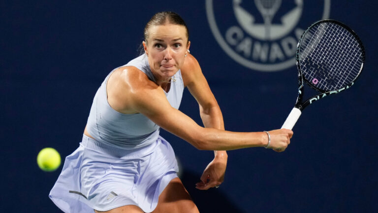 Ukraine's Elina Svitolina hits a return to Ekaterina Alexandrova during National Bank Open tennis action in Toronto on Monday, August 10, 2026. (Chris Young/CP)