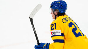 Sweden's Leo Carlsson celebrates after scoring his side's second goal during the group A match between Sweden and United States at the ice hockey world championship in Tampere, Finland, Tuesday, May 23, 2023. (Pavel Golovkin/AP)