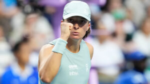 Poland's Iga Swiatek celebrates a point during her 6-2 6-1 win over Diana Shnaider during National Bank Open tennis action in Toronto on Monday, August 10, 2026. (Chris Young/CP)