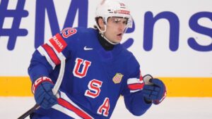 United States' Cutter Gauthier celebrates after scoring during the semifinal match between Sweden and the United States at the ice hockey world championships in Stockholm,Sweden, Saturday, May 24, 2025. (AP Photo/Petr David Josek)