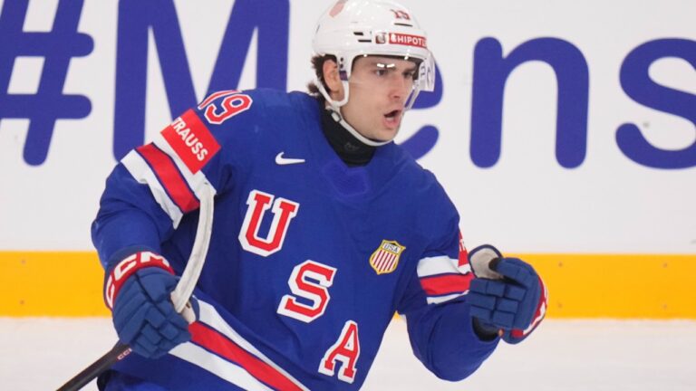 United States' Cutter Gauthier celebrates after scoring during the semifinal match between Sweden and the United States at the ice hockey world championships in Stockholm,Sweden, Saturday, May 24, 2025. (AP Photo/Petr David Josek)