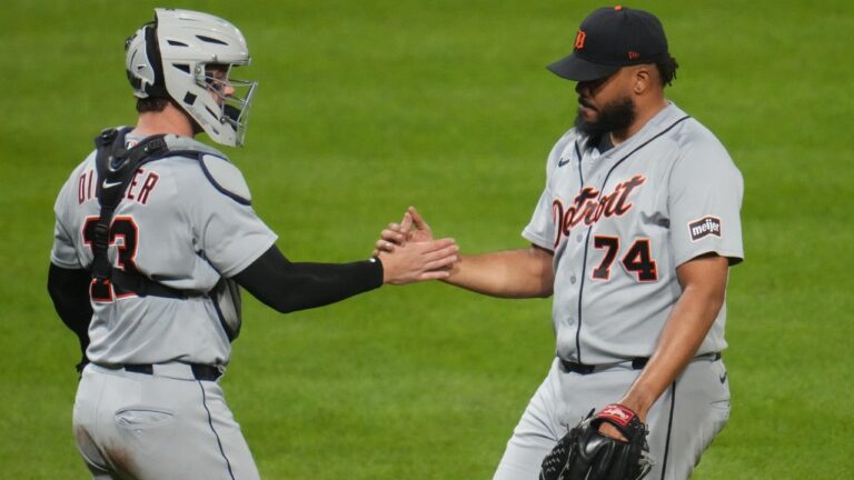 Detroit Tigers pitcher Kenley Jansen (74) celebrates with catcher Dillon Dingler, left, after getting the final out of a baseball game against the Pittsburgh Pirates in Pittsburgh, Monday, Aug. 17, 2026. (AP Photo/Gene J. Puskar)