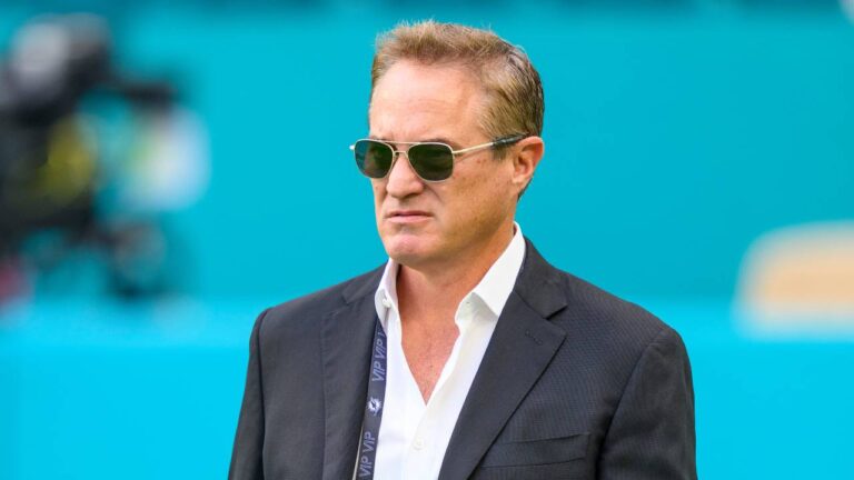 Miami Dolphins vice chairman, president and chief executive officer Tom Garfinkel walks on the sidelines on the field before an NFL football game against the Los Angeles Chargers, Sunday, Oct. 12, 2025, in Miami Gardens, Fla. (Doug Murray/AP)