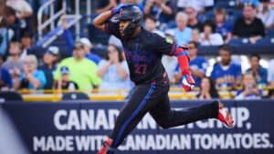 Toronto Blue Jays' Vladimir Guerrero Jr. (27) sprints to second after hitting an RBI double against the Seattle Mariners during first inning MLB baseball action in Toronto, on Friday, Aug. 28, 2026. (Sammy Kogan/CP)