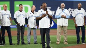 Toronto Blue Jays alumni Joe Carter speaks to the crowd while taking part in the 1992-1993 commemoration and statue unveiling prior to the Jays taking on the Chicago White Sox in MLB baseball action in Toronto, Saturday, July 18, 2026. (Jon Blacker/CP)