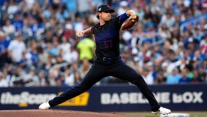 Toronto Blue Jays pitcher Shane Bieber (57) works against the New York Yankees during first inning MLB baseball action in Toronto on Friday, Aug. 14, 2026. (Chris Young/CP)