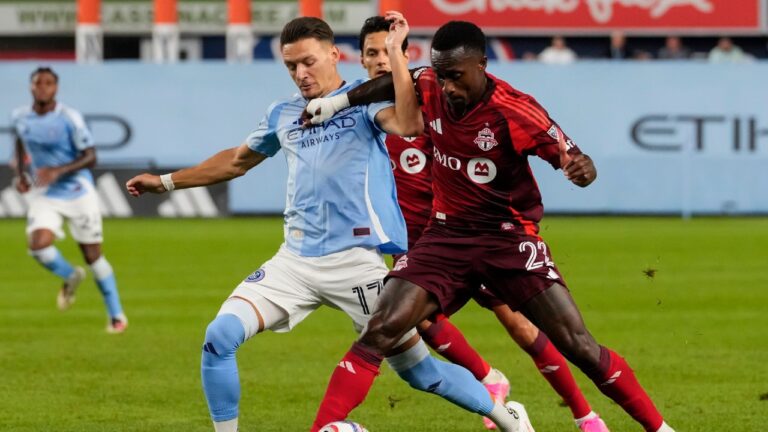 Toronto FC defender Richie Laryea battles for the ball with New York City FC forward Hannes Wolf during the half of an MLS soccer game against, Friday, July 31, 2026, in New York. (Yuki Iwamura/AP)