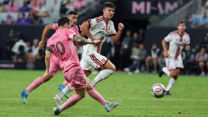 Inter Miami forward Leo Messi (10) takes a shot to score during the second half of an MLS soccer game against Toronto FC on Saturday, Aug. 22, 2026, in Miami. (David Santiago/AP)
