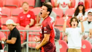 Toronto FC's Markus Cimermancic (71) celebrates his goal against Charlotte FC during first half MLS soccer action in Toronto, on Wednesday, August 19, 2026. (Chris Young/CP)