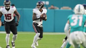Atlanta Falcons quarterback Tua Tagovailoa (1) drops back to pass against the Miami Dolphins during the first half of an NFL preseason football game, Friday, Aug. 28, 2026, in Miami Gardens, Fla. (Lynne Sladky/AP)