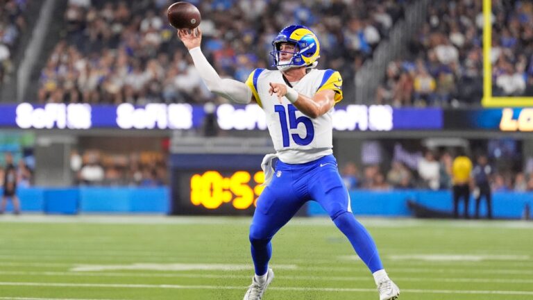 Los Angeles Rams quarterback Ty Simpson throws a touchdown pass during the first half of an NFL preseason football game against the Los Angeles Chargers Thursday, Aug. 27, 2026, in Inglewood, Calif. (AP Photo/Mark J. Terrill)