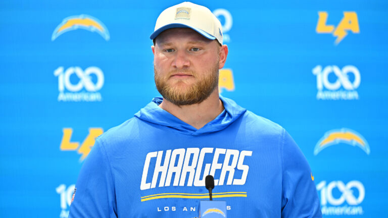 Los Angeles Chargers centre Tyler Biadasz speaks during a news conference at the NFL football team's training camp Saturday, Aug. 1, 2026, in El Segundo, Calif. (William Liang/AP)