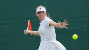 Alina Korneeva during their first round singles match at the Wimbledon Tennis Championships in London, Tuesday, June 30, 2026. (AP Photo/Dave Shopland)