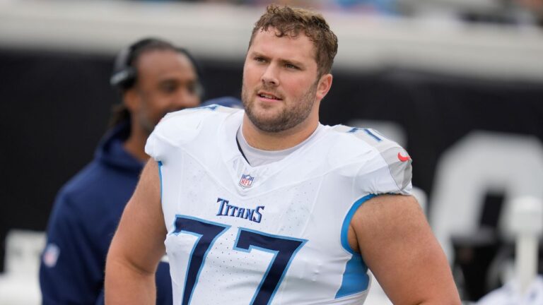 Tennessee Titans guard Peter Skoronski (77) before the first half of an NFL football game, Sunday, Jan. 4, 2026, in Jacksonville, Fla. (AP Photo/John Raoux)