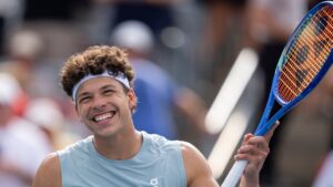 Ben Shelton of the United States celebrates his win over Zizou Bergs of Belgium during third round tennis action at the National Bank Open in Montreal on Friday, Aug. 7, 2026. THE CANADIAN PRESS/Christinne Muschi