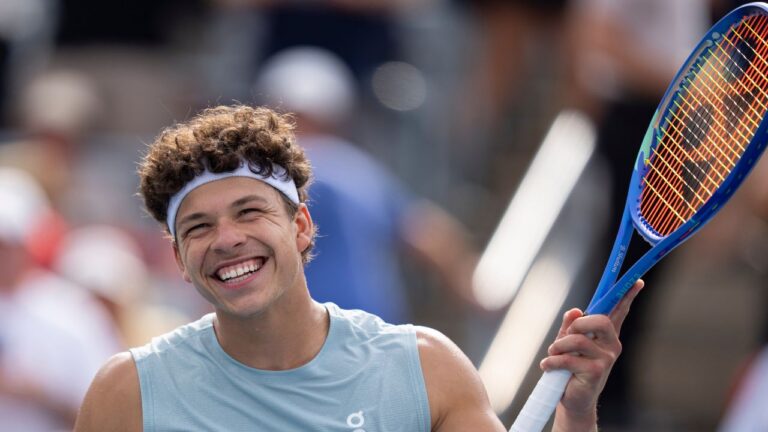 Ben Shelton of the United States celebrates his win over Zizou Bergs of Belgium during third round tennis action at the National Bank Open in Montreal on Friday, Aug. 7, 2026. THE CANADIAN PRESS/Christinne Muschi
