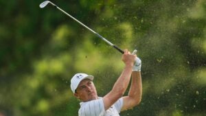 Jordan Spieth hits on the on the first hole during the first round of the St. Jude Championship golf tournament Thursday, Aug. 13, 2026, in Memphis, Tenn. (AP Photo/George Walker IV)