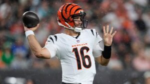 Cincinnati Bengals quarterback Joe Flacco (16) throws against the Detroit Lions during the first half of an preseason NFL football game Thursday, Aug. 13, 2026, in Cincinnati. (AP Photo/Carolyn Kaster)