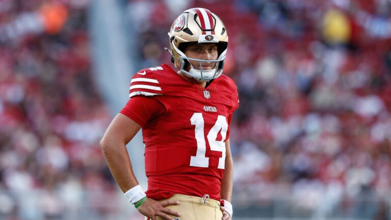San Francisco 49ers quarterback Kurtis Rourke (14) stands on the field during the first half of a preseason NFL football game against the Tennessee Titans, Thursday, Aug. 13, 2026, in Santa Clara, Calif. (AP Photo/Kelley L. Cox)