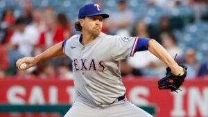 Texas Rangers starting pitcher Jacob Degrom throws during the first inning against the Los Angeles Angels, Thursday, Aug. 13, 2026, in Anaheim, Calif. (Caroline Brehman/AP)