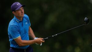 Jordan Spieth watches his tee shot on the seventh hole during the third round of the St. Jude Championship golf tournament Saturday, Aug. 15, 2026, in Memphis, Tenn. (AP Photo/George Walker IV)