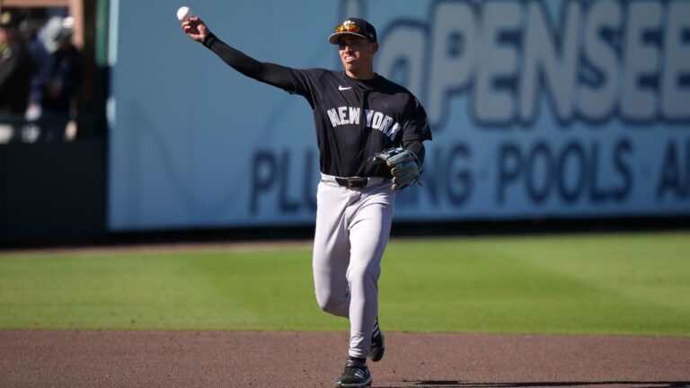 New York Yankees' George Lombard Jr. plays during a spring training baseball game, Monday, Feb. 23, 2026, in Bradenton. (AP Photo/Matt Slocum)