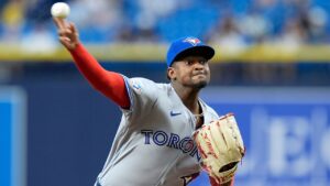 Toronto Blue Jays pitcher Jose Soriano delivers to the Tampa Bay Rays during the first inning of a baseball game Tuesday, Aug. 18, 2026, in St. Petersburg, Fla. (AP Photo/Chris O'Meara)