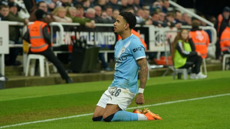 Manchester City's Savinho celebrate after a goal during the fifth round FA Cup soccer match between Newcastle and Manchester City in Newcastle, England, Saturday, March 7, 2026. (AP Photo/Ian Hodgson)