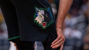 Minnesota Timberwolves logo on a player's shorts during the second half of an NBA basketball game against the Indiana Pacers in Indianapolis, Tuesday, April 7, 2026. (AP Photo/Doug McSchooler)