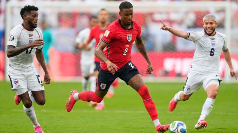 FILE - England's Ezri Konsa (2) controls the ball between Panama's Jose Fajardo (17) and Panama's Cristian Martinez (6) during the World Cup Group L soccer match between Panama and England in East Rutherford, N.J., June 27, 2026. (AP Photo/Yuki Iwamura, File)