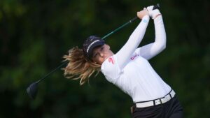Canada's Brooke Henderson, of Smiths Falls, Ont., hits her tee shot on the 14th hole during the second round at the LPGA CPKC Canadian Women's Open golf tournament, in Edmonton, on Friday, Aug. 21, 2026. THE CANADIAN PRESS/Darryl Dyck