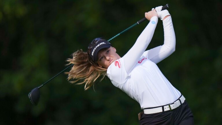 Canada's Brooke Henderson, of Smiths Falls, Ont., hits her tee shot on the 14th hole during the second round at the LPGA CPKC Canadian Women's Open golf tournament, in Edmonton, on Friday, Aug. 21, 2026. THE CANADIAN PRESS/Darryl Dyck