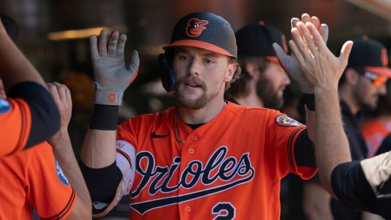 Baltimore Orioles' Gunnar Henderson celebrates after hitting a home run during the first inning of a baseball game against the Athletics, Sunday, Aug. 30, 2026, in West Sacramento, Calif. (AP Photo/Sara Nevis)