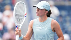 Poland's Iga Swiatek celebrates a point during her 6-2 6-1 win over Switzerland's Viktorija Golubic during National Bank Open action in Toronto on Thursday, August 6, 2026. THE CANADIAN PRESS/Chris Young