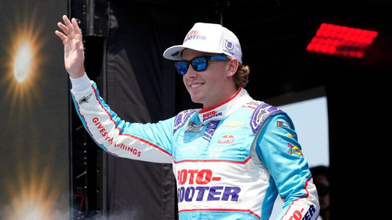 Connor Zilisch reacts to fans during driver introductions before a NASCAR Cup Series race, Sunday, Aug. 9, 2026, at Iowa Speedway in Newton, Iowa. (Charlie Neibergall/AP)