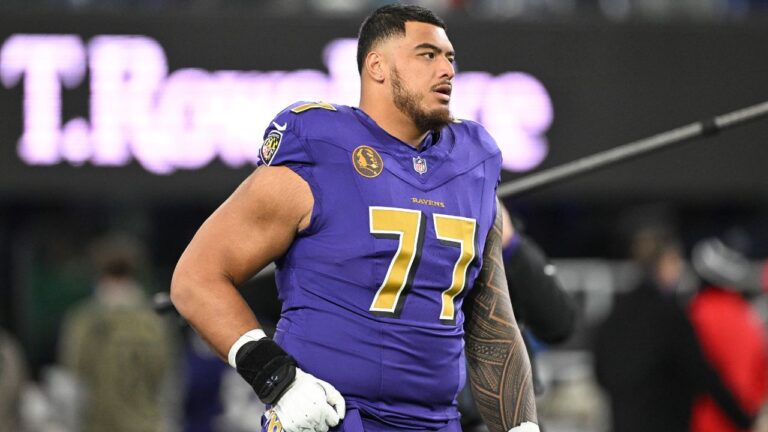 Baltimore Ravens guard Daniel Faalele looks on during pre-game warm-ups before an NFL game against the Cincinnati Bengals, Thursday, Nov. 27, 2025, in Baltimore. (Terrance Williams/AP)