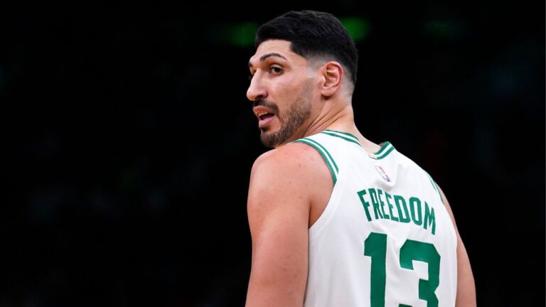 Boston Celtics centre Enes Kanter Freedom looks toward the team's bench during the first half of an NBA game Wednesday, Dec. 1, 2021, in Boston. (Charles Krupa/AP)