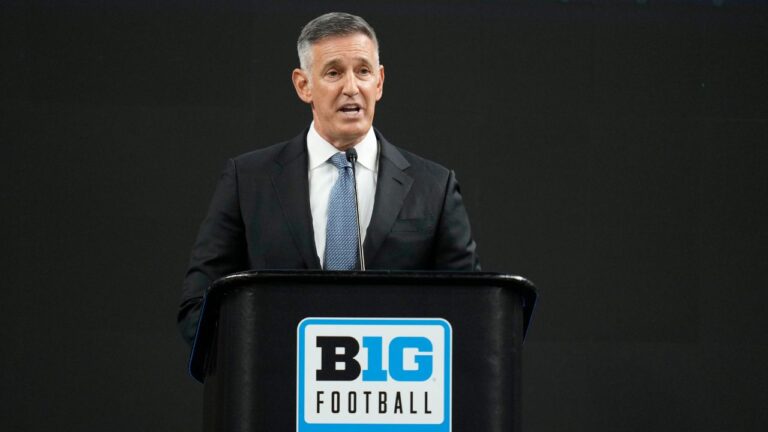 Big Ten commissioner Tony Petitti speaks during an NCAA college football news conference at the Big Ten Conference media days at Lucas Oil Stadium, Tuesday, July 23, 2024, in Indianapolis. (Darron Cummings/AP)