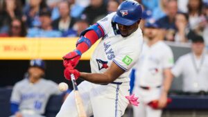 Toronto Blue Jays' Jesus Sanchez hits an RBI sacrifice fly during first inning MLB action against the Kansas City Royals in Toronto, on Tuesday, Aug. 25, 2026. (Sammy Kogan/CP)