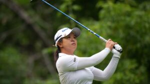 Sei Young Kim, of South Korea, watches her tee shot on the 15th hole during the third round at the LPGA CPKC Canadian Women's Open, in Edmonton, on Saturday, Aug. 22, 2026. (Darryl Dyck/AP)